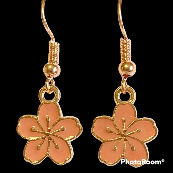 Hibiscus Flower Earrings Rose Gold Plated Enamel Peach Pink Dangle Dainty Island - Picture 5 of 12